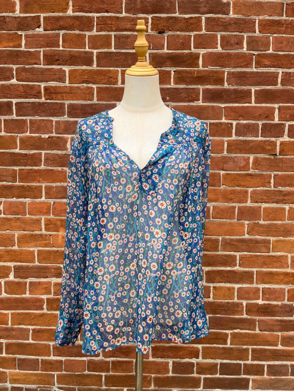 Isabel Marant Blue Floral V-Neck Long Sleeve Blouse